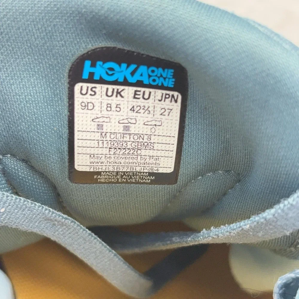 Hoka One One Clifton 8 Shoes Mens Size 9 Blue Green Cushioned Running Sneakers